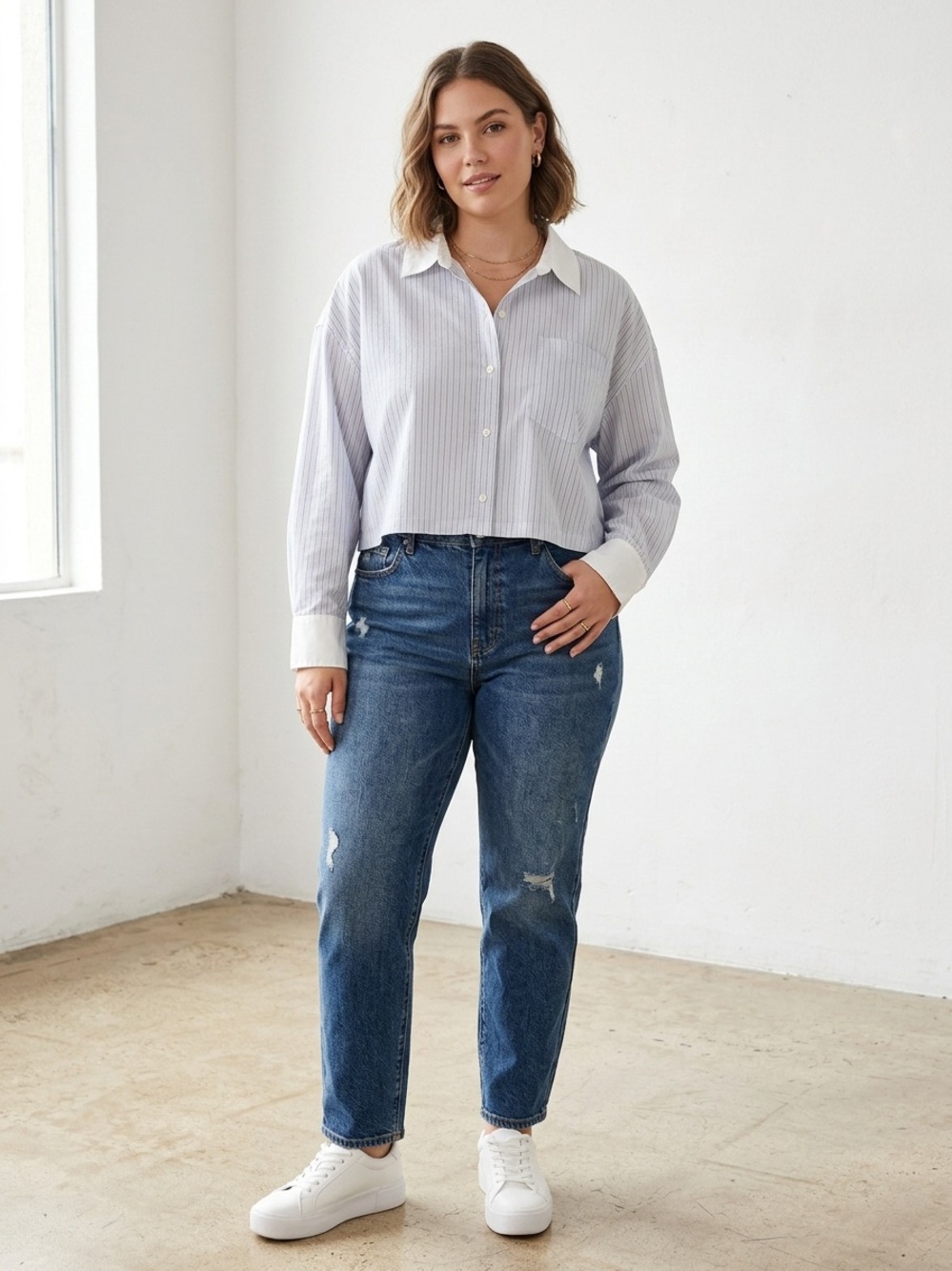 American Eagle Outfitters Cropped Pinstripe Button-Down in White and Light Blue